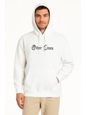 Kapşonlu Sweatshirt – Oversize “Other Lives” Ön  Arka Baskılı- Beyaz -