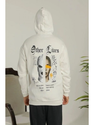 Kapşonlu Sweatshirt – Oversize “Other Lives” Ön  Arka Baskılı,- Beyaz -
