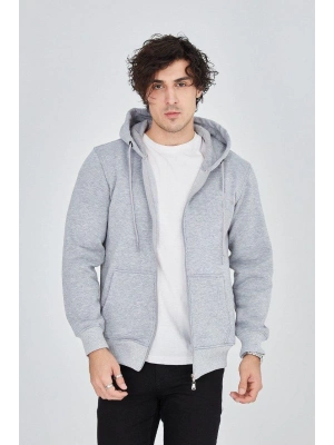 Kapüşonlu Düz Fermuarlı Hırka - Gri