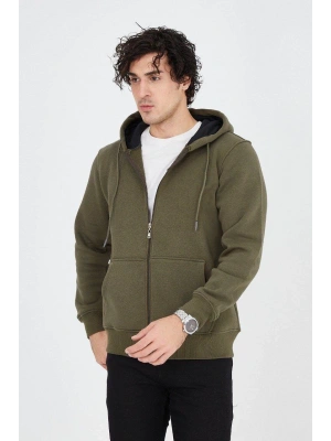 Kapüşonlu Düz Fermuarlı Hırka - Yeşil