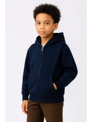 Kapüşonlu Kanguru Çepli Tam Fermuarlı Hırka SweatShirt - Lacivert -