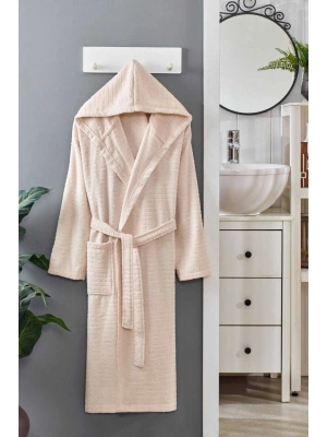 Kapüşonlu Unisex Banyo Bornozu %100 Soft Pamuklu Krem
