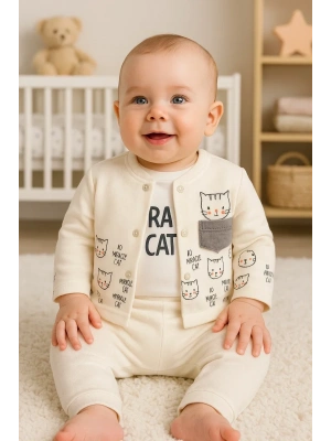 Kedi Desenli 3lü Hırkalı Kız Bebek Takım
