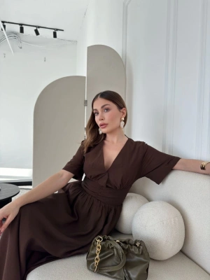 Kısa Kollu Uzun Elbise - Kahve -