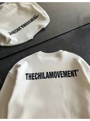 Kışlık Bisiklet Yaka Oversize Baskılı SweatShirt - Beyaz -