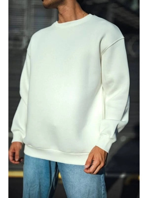 Kışlık Bisiklet Yaka Üç İplik Basic SweatShirt - Beyaz -