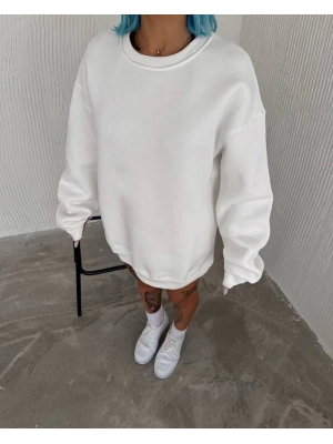 Kışlık Bisiklet Yaka Üç İplik Basic SweatShirt - Beyaz -