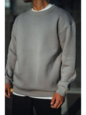 Kışlık Bisiklet Yaka Üç İplik Basic SweatShirt - Boyalı Gri -