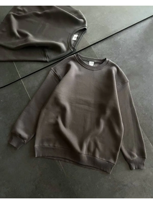 Kışlık Bisiklet Yaka Üç İplik Basic SweatShirt - Füme -