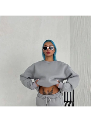 Kışlık Bisiklet Yaka Üç İplik Basic SweatShirt - Gri -