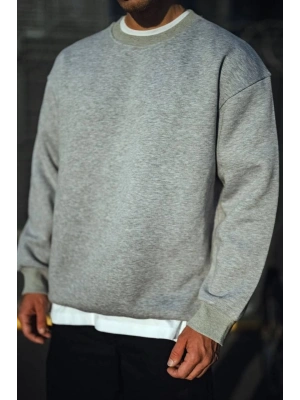 Kışlık Bisiklet Yaka Üç İplik Basic SweatShirt - Gri -