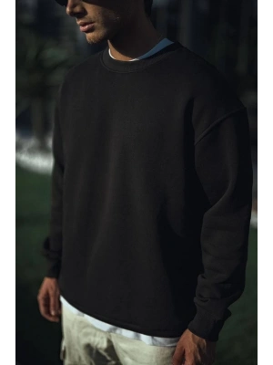 Kışlık Bisiklet Yaka Üç İplik Basic SweatShirt - Siyah -