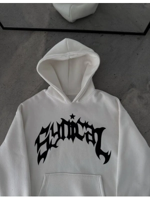 Kışlık Kapüşonlu Baskılı Oversize SweatShirt- Beyaz -