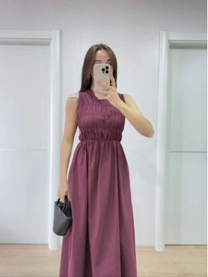 Kolsuz Göğüs Lastıklı %100 Poplin Uzun Elbise - Bordo -