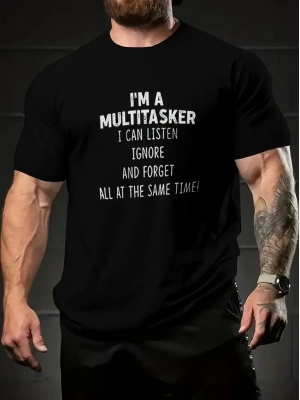 Komik Multitasker Baskılı Tişört, Günlük Kısa Kollu Oversize Tişört,- Siyah -