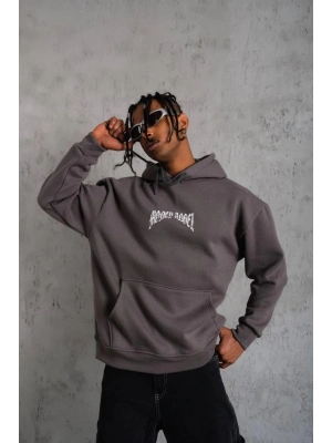 Kordon İpli Baskılı Kapüşonlu Sweatshirt - Füme