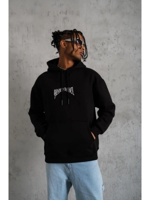 Kordon İpli Baskılı Kapüşonlu Sweatshirt - Siyah -
