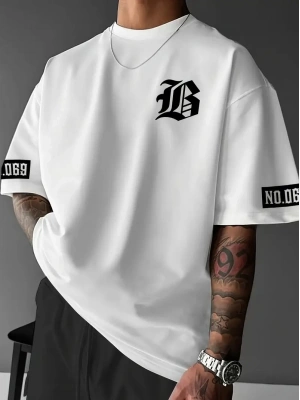 LB Baskılı Ön Arka Oversize Bisiklet Yaka Kısa Kol T-shirt - Beyaz -