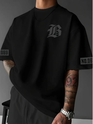 LB Ön Arka Baskılı Oversize Bisiklet Yaka Yazlık T-shirt - Siyah -