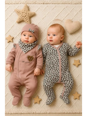 Leopar Desenli Kız Bebek 4lü Tulum Seti