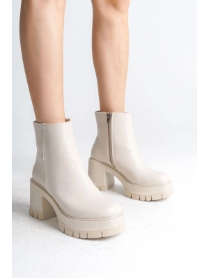 LISSE Fermuarlı Ortopedik Taban Kalın Topuklu Kadın Bot CKT - Krem