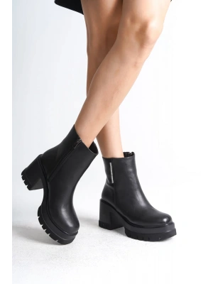 LISSE Fermuarlı Ortopedik Taban Kalın Topuklu Kadın Bot CST - Siyah
