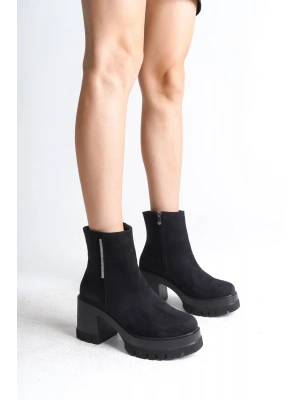LISSE Fermuarlı Ortopedik Taban Kalın Topuklu Süet Kadın Bot SST - Siyah