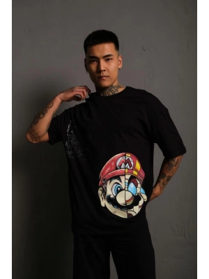Mario Baskılı Oversize T-Shirt - Siyah -