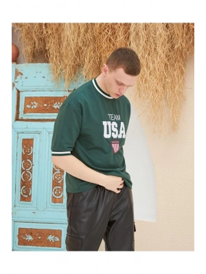 Nakış İşlemeli Ribanalı Oversize T-shirt - Yeşil