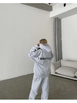 Nakış İşlemeli Üç İplik Sweat Takım- Gri -