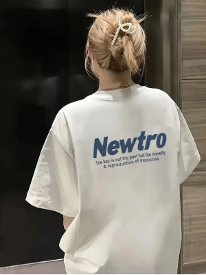 Newtro Baskılı Oversize Bisiklet Yaka T-shirt - Beyaz -