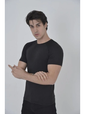 Omuz Fileli Slim Fit T-shirt - Siyah -