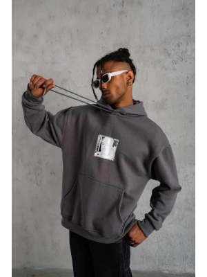 Ön Arka Baskılı Kapşonlu Sweat - Gri