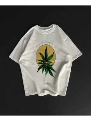 Ön ve Arka Baskılı Oversize Bisiklet Yaka T-shirt- Beyaz -