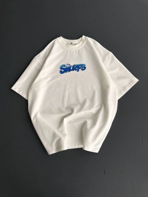 Ön ve Arka Baskılı Oversize Bisiklet Yaka T-shirt- Beyaz -