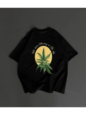 Ön ve Arka Baskılı Oversize Bisiklet Yaka T-shirt- Siyah -