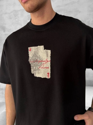 Ön ve Arka Baskılı Oversize Bisiklet Yaka T-shirt - Siyah -