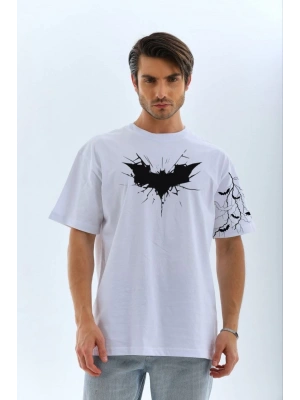 Ön ve Kol Baskılı Oversize T-shirt - Beyaz -