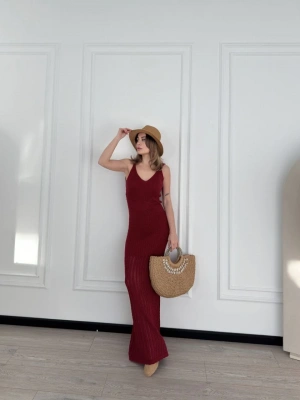 Örgülü Uzun Triko Elbise - Bordo -