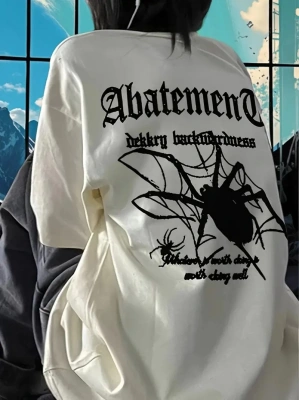 Örümcek Ağı Desenli Baskılı Oversize Bisiklet Yaka T-shirt  - Beyaz -
