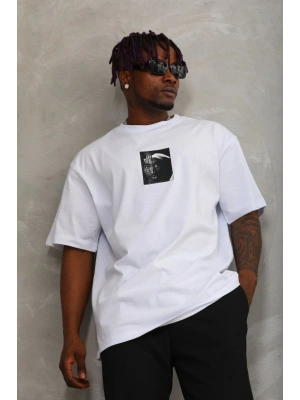 Oversize Baskılı Bisiklet Yaka T-Shirt - Beyaz -