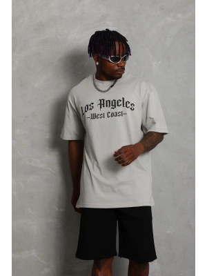 Oversize Baskılı Bisiklet Yaka T-Shirt - Gri -