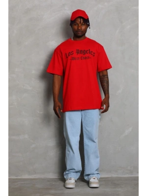 Oversize Baskılı Bisiklet Yaka T-Shirt - Kırmızı -