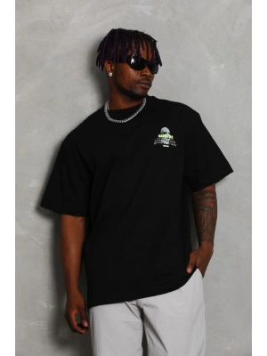 Oversize Baskılı Bisiklet Yaka T-Shirt - Siyah -