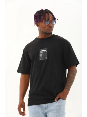 Oversize Baskılı Bisiklet Yaka T-Shirt - Siyah -