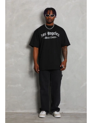 Oversize Baskılı Bisiklet Yaka T-Shirt - Siyah -