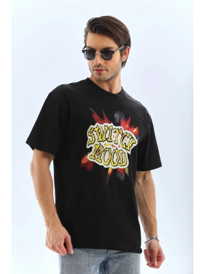 Oversize Baskılı Bisiklet Yaka T-Shirt - Siyah -