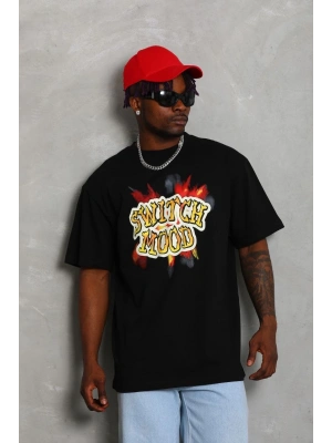 Oversize Baskılı Bisiklet Yaka T-Shirt - Siyah -