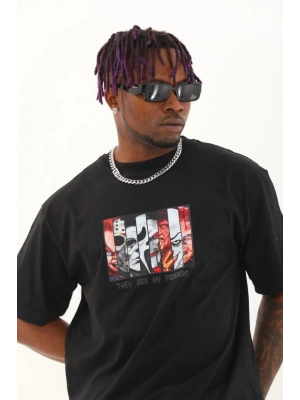 Oversize Baskılı Bisiklet Yaka T-Shirt - Siyah -