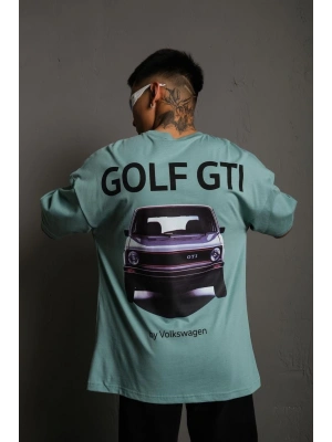 Oversize Baskılı Tişört – Golf GTI Retro Araba Desenli,-Mint Yeşili -